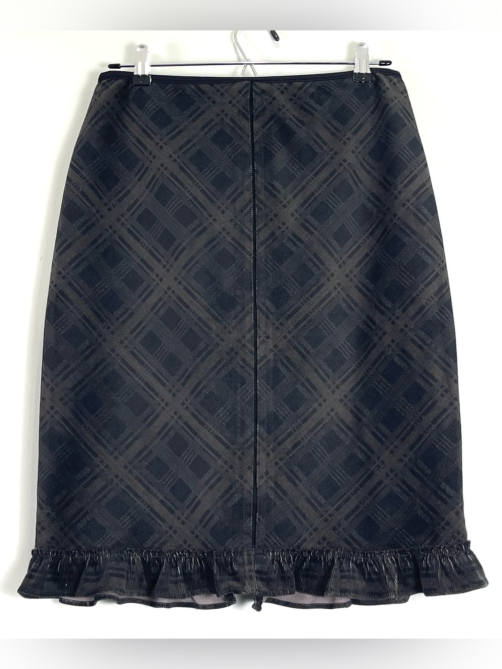 FREE PEOPLE Black Gray Dark Green Plaid Corduroy Pencil Skirt Ruffle Hem Size 10